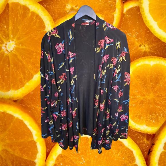 Vikki Vi Sweaters - Vikki Vi Black Colorful Floral Open Front Cardigan Size 2X